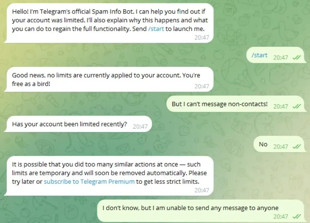 解除Telegram双向限制的对话过程